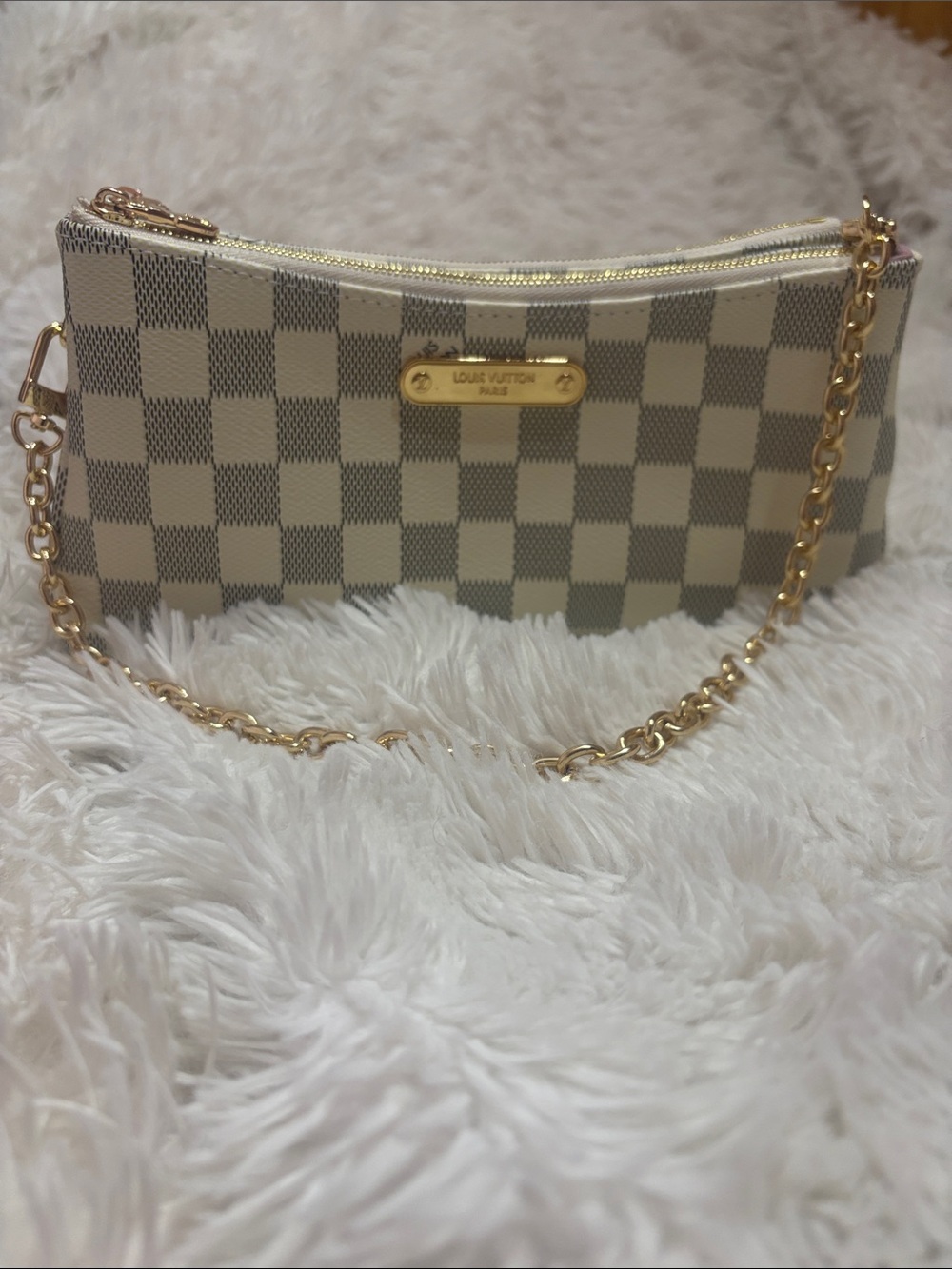Fashion Brand Company Cream and Light Gray Checker Mini Bag with Gold Chain
